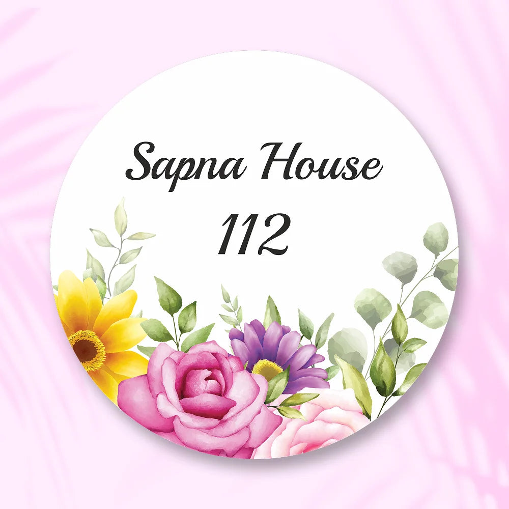 Purple Floral Acrylic Name Plate - Premium Round House & Office Door Sign
