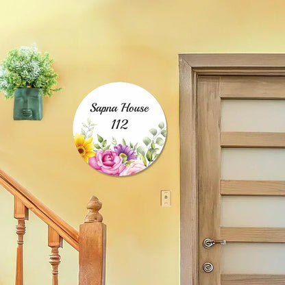 Purple Floral Acrylic Name Plate - Premium Round House & Office Door Sign