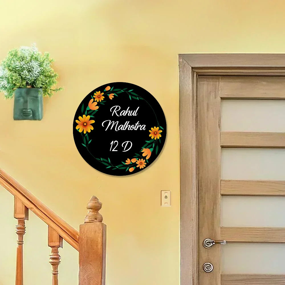 Yellow Pastel Colorful Flower Pattern Home & Office Name Plate