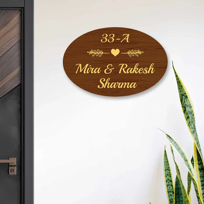 Wooden Effects Oval Acrylic Name Plate for House Name Board for Door, Flat, Office & Apartment Entrance
